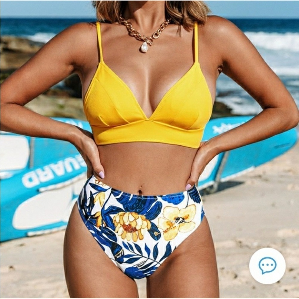 Cupshe Women Sz L Two-Piece Bikini Blue Leaf Print Crisscross Back Tie Swimsuit